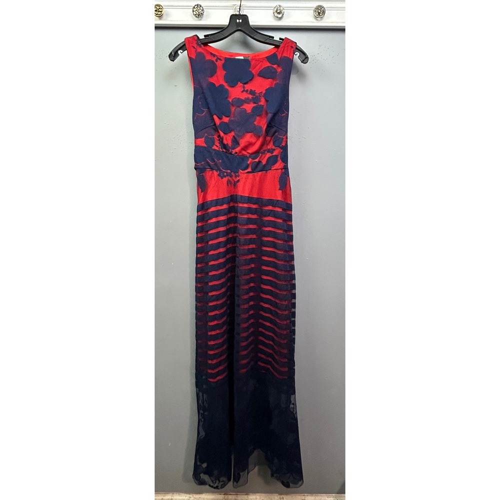 Eva Franco Maxi Dress Womens 2 Red Navy Blue Floral Stripe Sleeveless Garden
